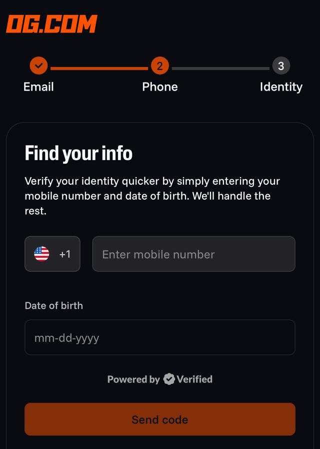 OG sign-up, step 2 of 3: enter your mobile number and date of birth, then tap Send code