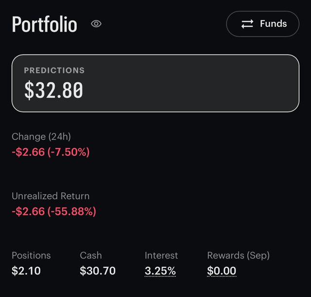 Kalshi portfolio screen showing the account value, cash, positions and a 3.25% interest rate on cash