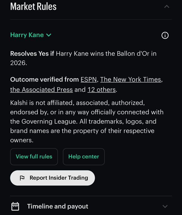 Kalshi Market Rules panel: resolves Yes if Harry Kane wins the Ballon d'Or in 2026; outcome verified from ESPN, The New York Times, the Associated Press and others