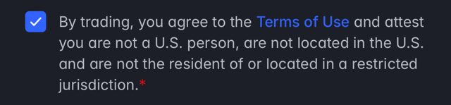 Polymarket international sign-up checkbox: you attest you are not a U.S. person, are not located in the U.S. and are not in a restricted jurisdiction