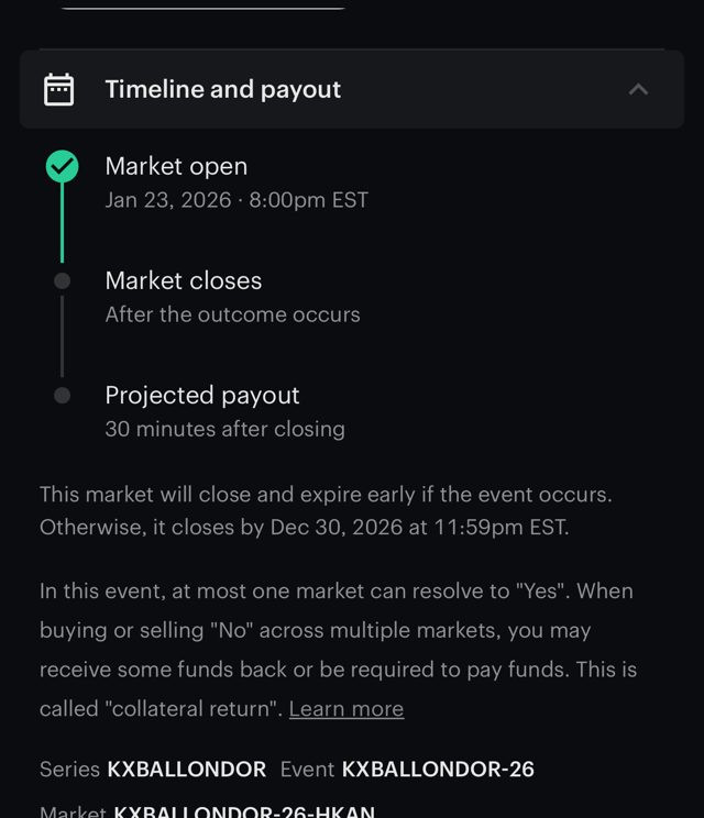 Kalshi Timeline and payout panel: market open, market closes after the outcome occurs, projected payout 30 minutes after closing