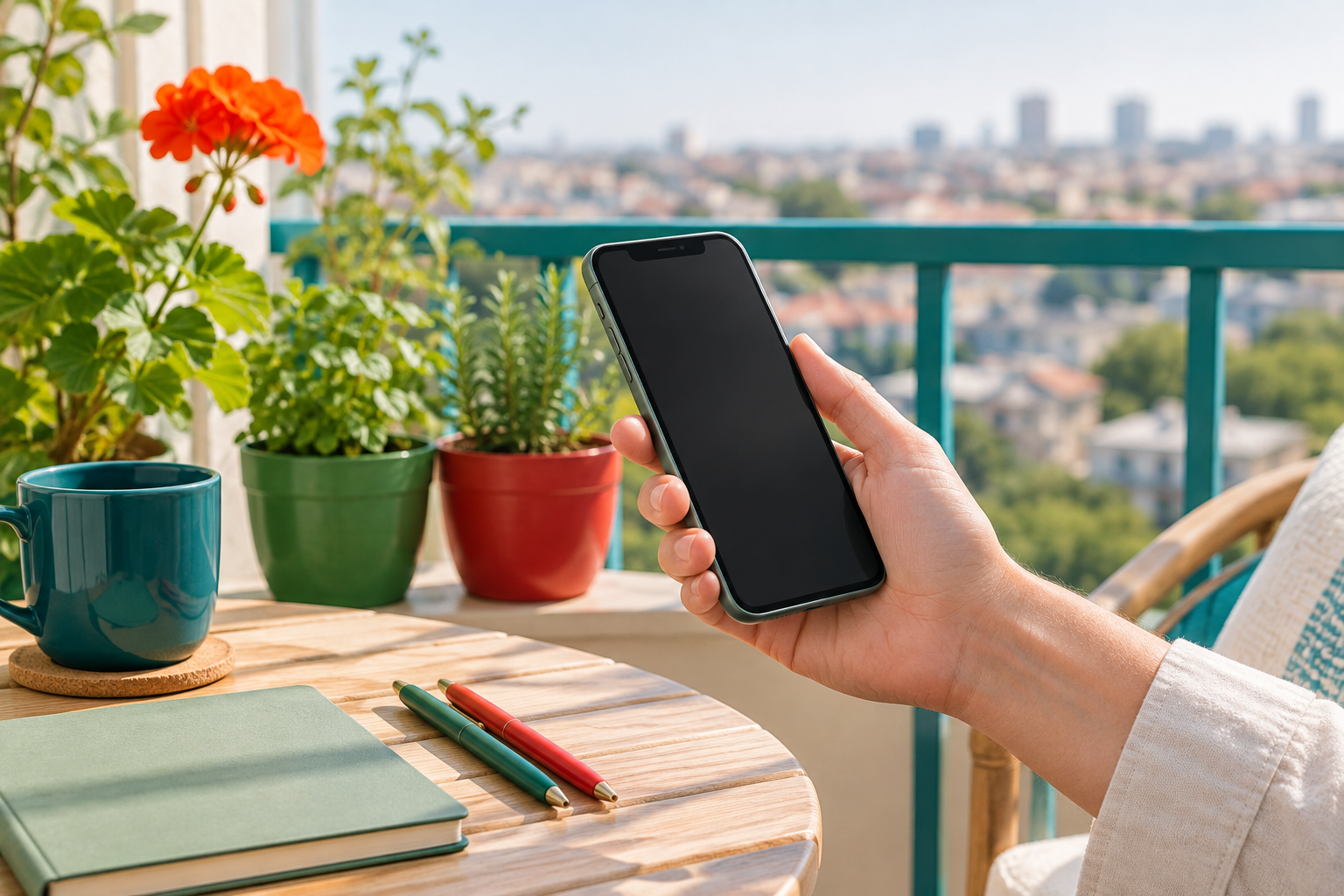 A hand holds a phone with a blank screen on a sunny balcony with potted plants, for a guide to a review of the OG app.
