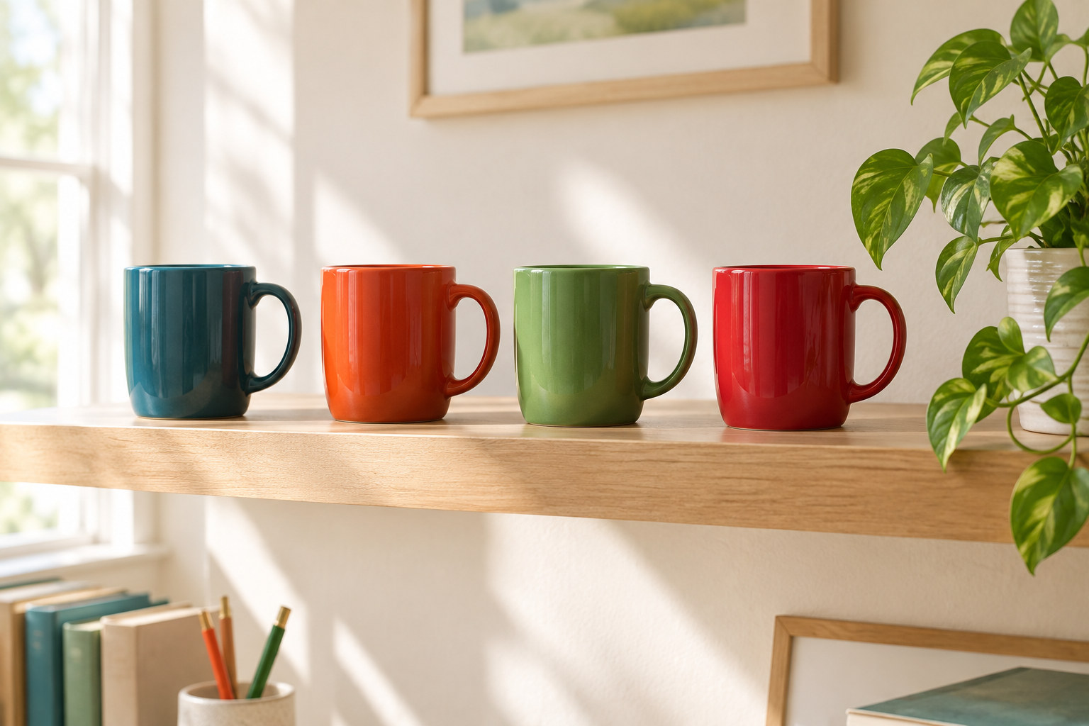 Four plain mugs in teal, orange, green and red stand in a row on a sunny shelf, for a guide to prediction market apps compared.
