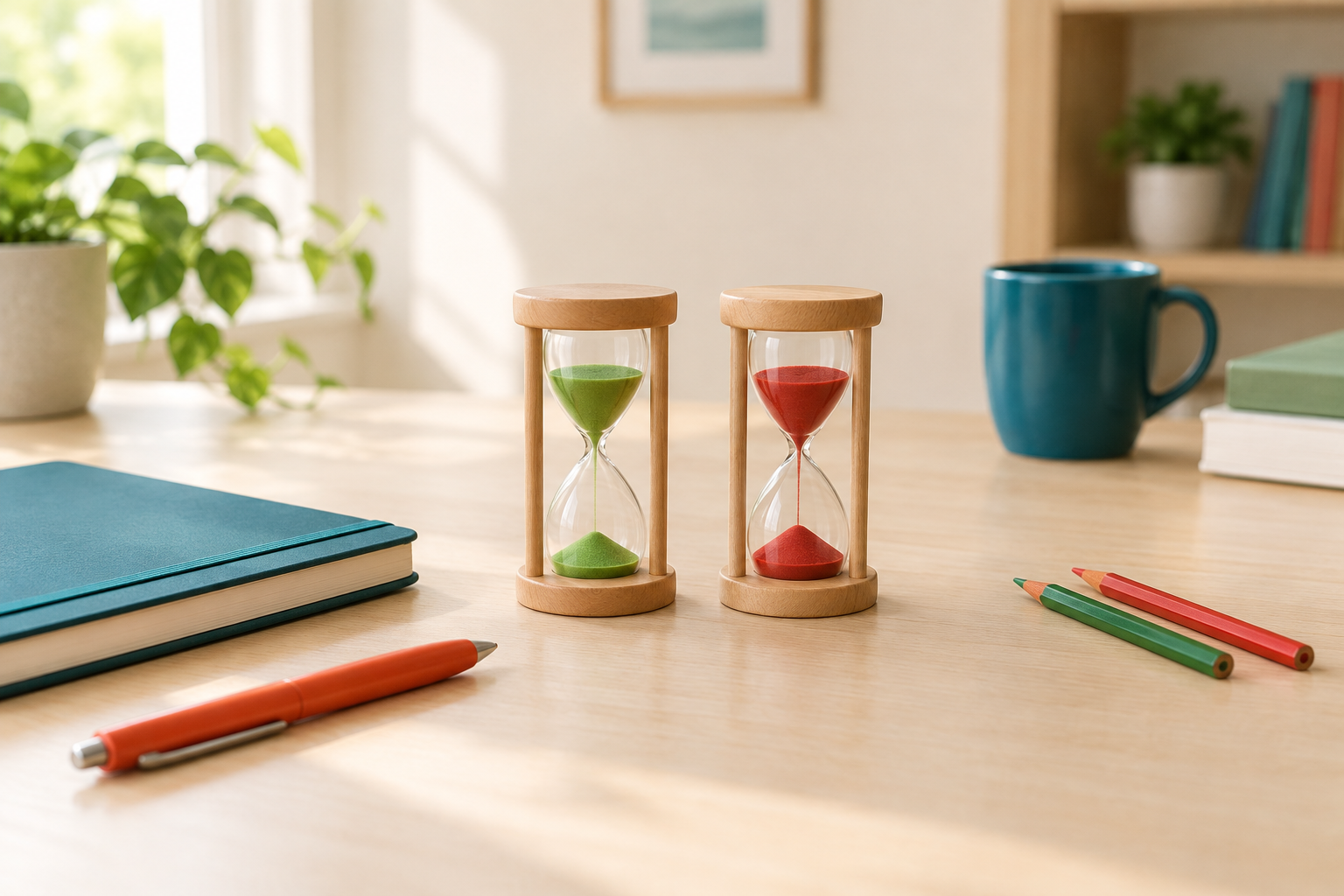 Two small hourglasses side by side on a light desk, for a guide to limit orders and market orders.