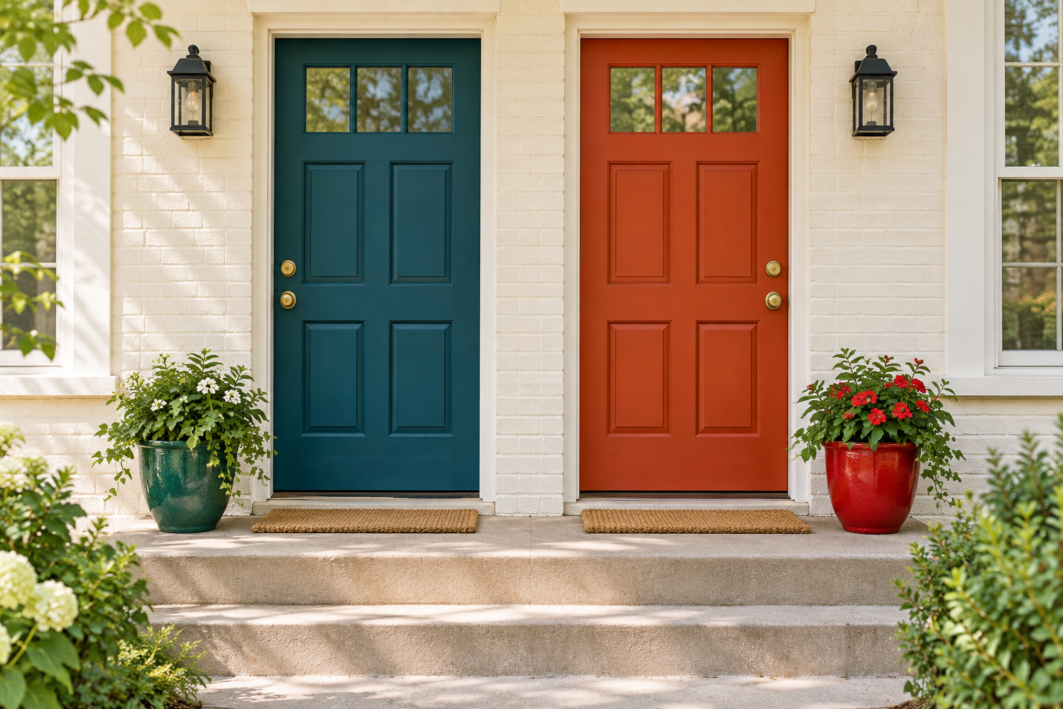 Two identical front doors side by side in daylight, for a guide to Polymarket compared with PredictIt.
