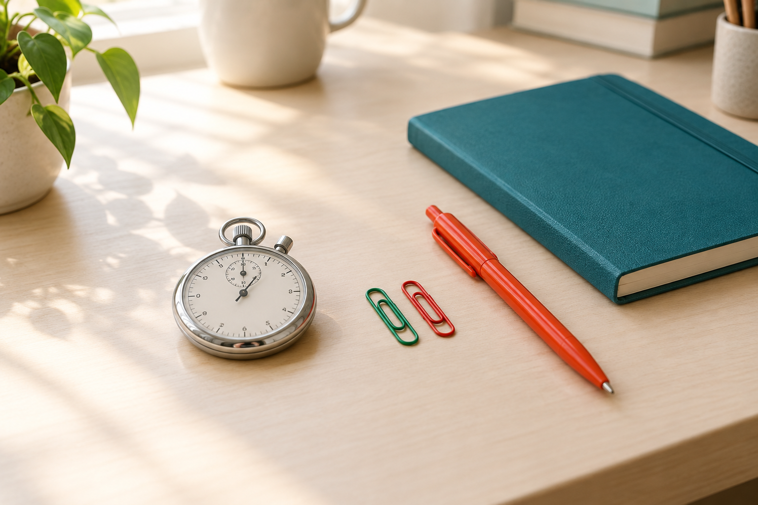 A plain stopwatch lying on a light desk next to a teal notebook, for a guide to how prediction markets are settled.