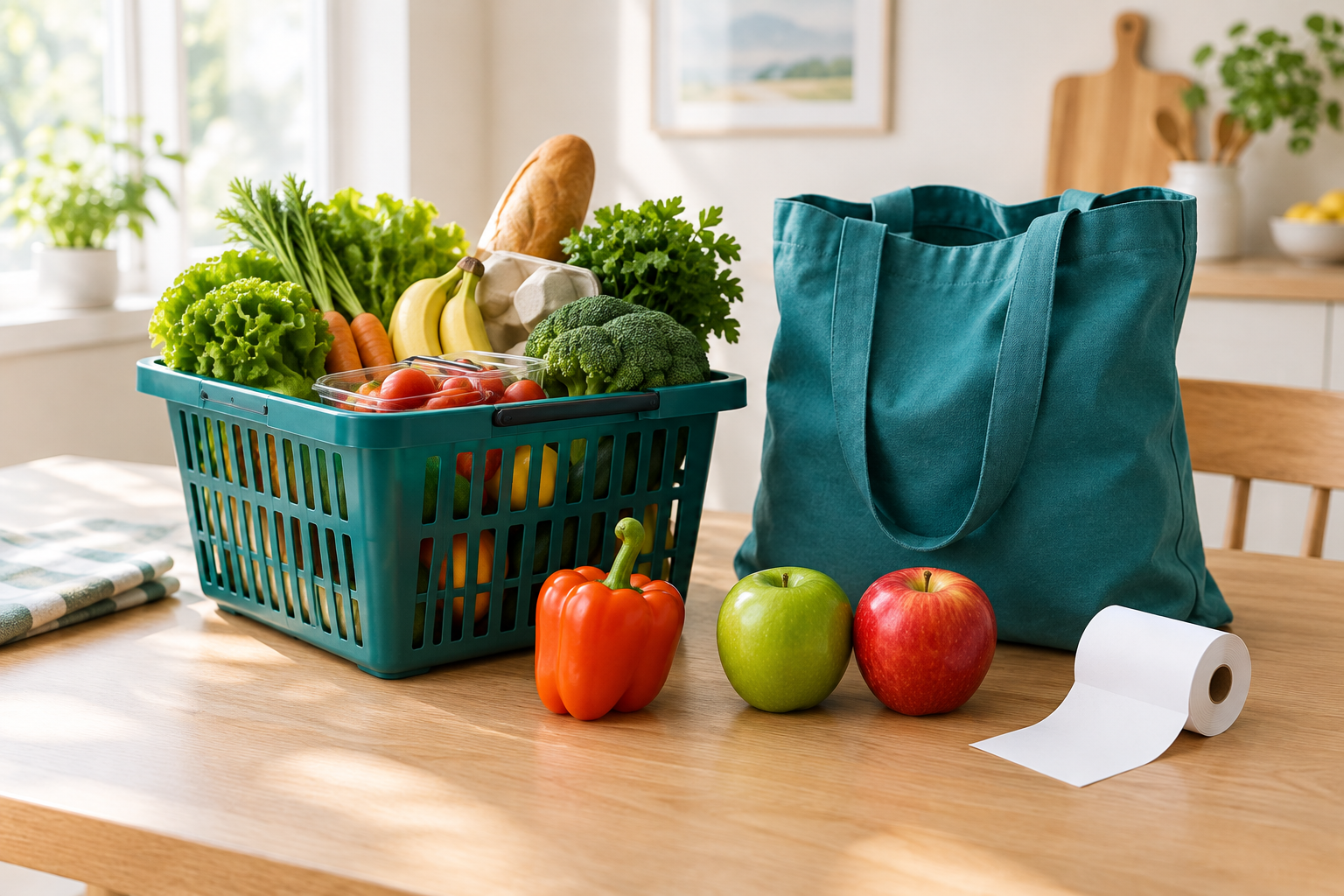 A shopping basket with fresh groceries on a kitchen table, for a guide to trading markets on inflation and jobs reports.