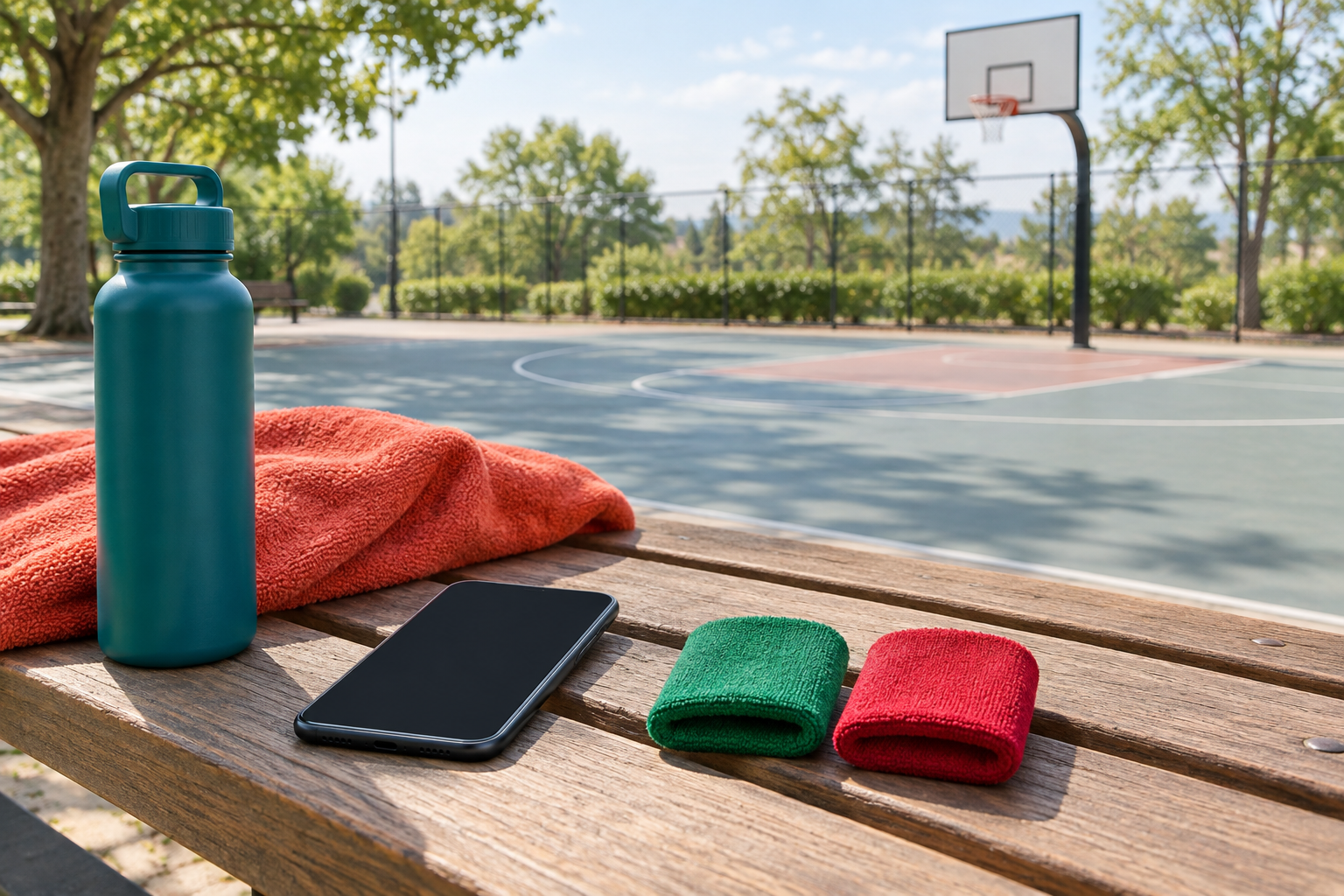 A phone with a blank screen on a wooden bench beside an empty outdoor basketball court in daylight, for a guide to a review of the ProphetX app.