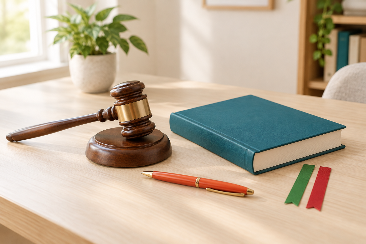 A wooden gavel resting on a light desk next to a closed teal book, for a guide to whether prediction markets are legal.