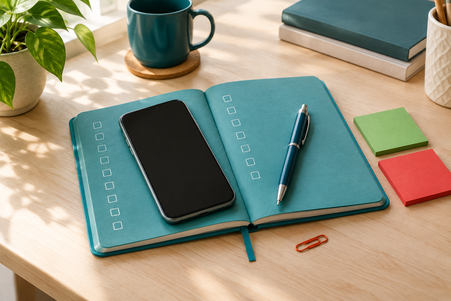A phone lies on an open teal notebook with empty checkboxes and a pen, for a guide to signing up for Kalshi.