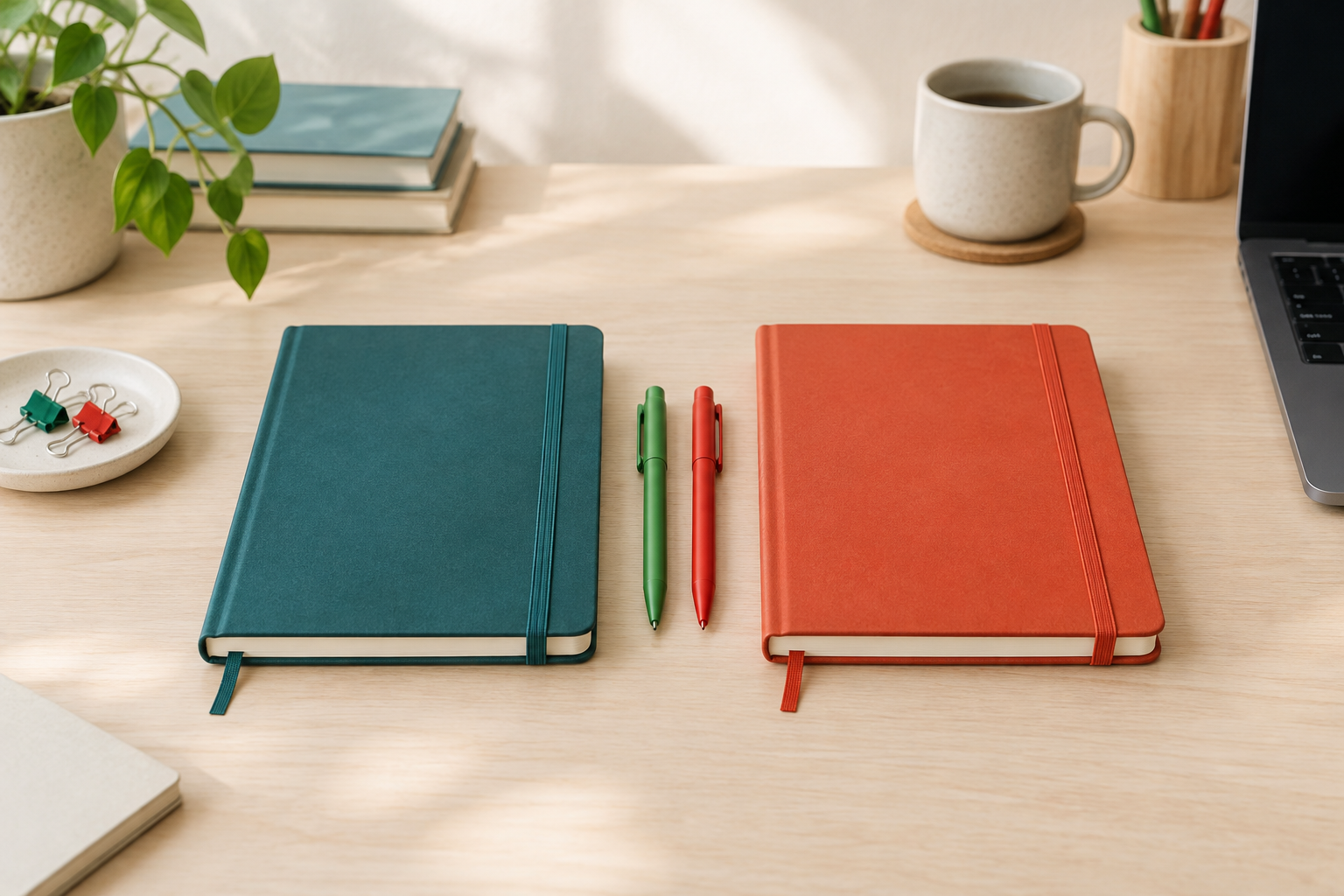 Two identical notebooks side by side on a light desk, for a guide to Kalshi compared with Novig.