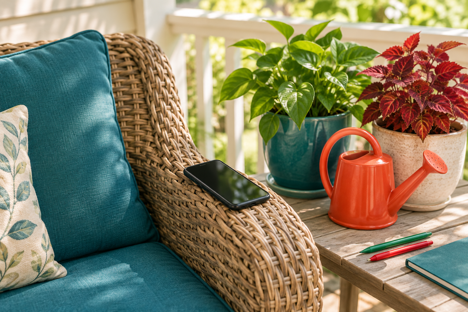 A phone rests on the arm of a wicker chair on a sunny porch beside plants and a watering can, for a guide to using Polymarket in the US.