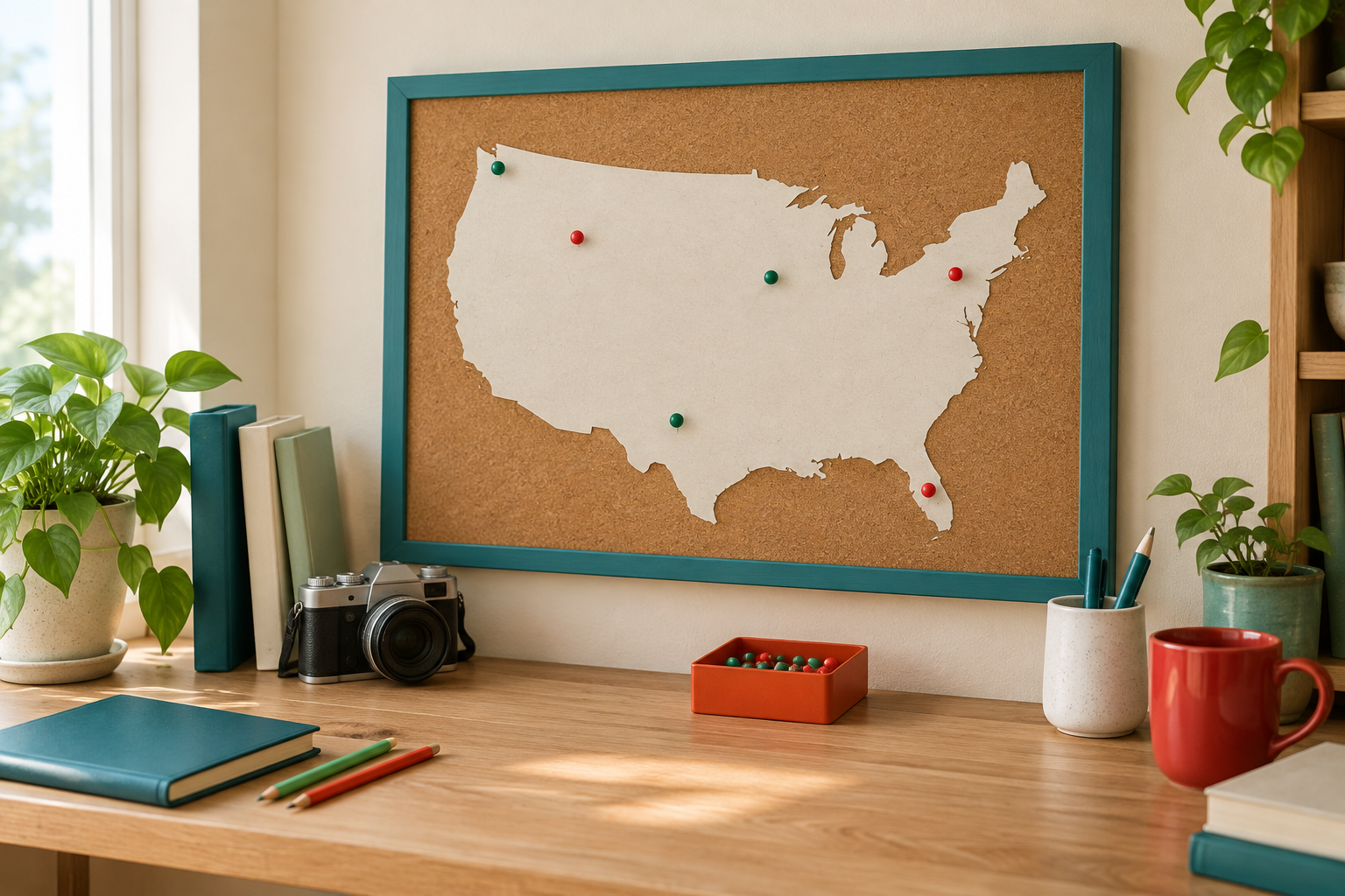 A plain outline map of the United States on a cork board with green and red pins, for a guide to where prediction markets are available by state.