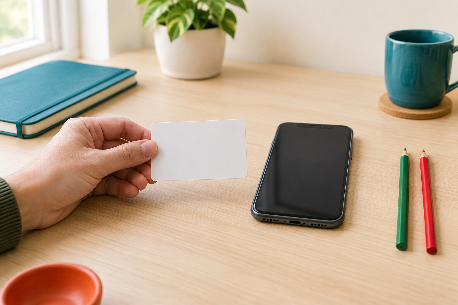 A hand holds a blank card next to a phone on a light wooden desk, for a guide to the minimum age to use prediction markets.