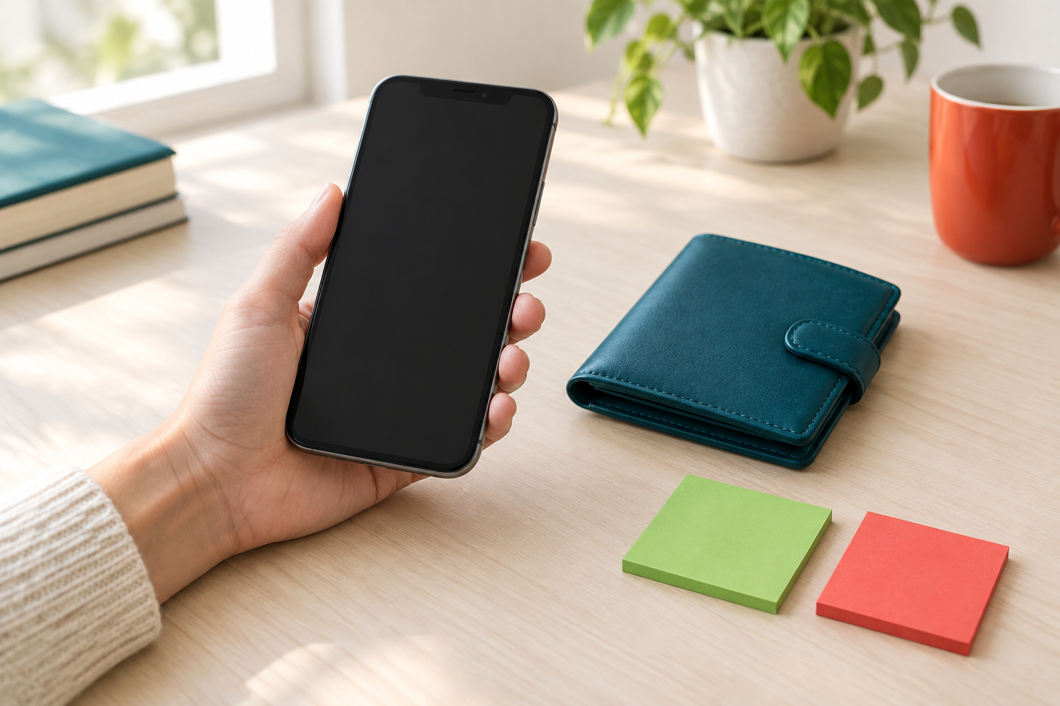 A hand holds a phone with a blank screen next to a closed teal wallet, for a guide to depositing money on Kalshi.
