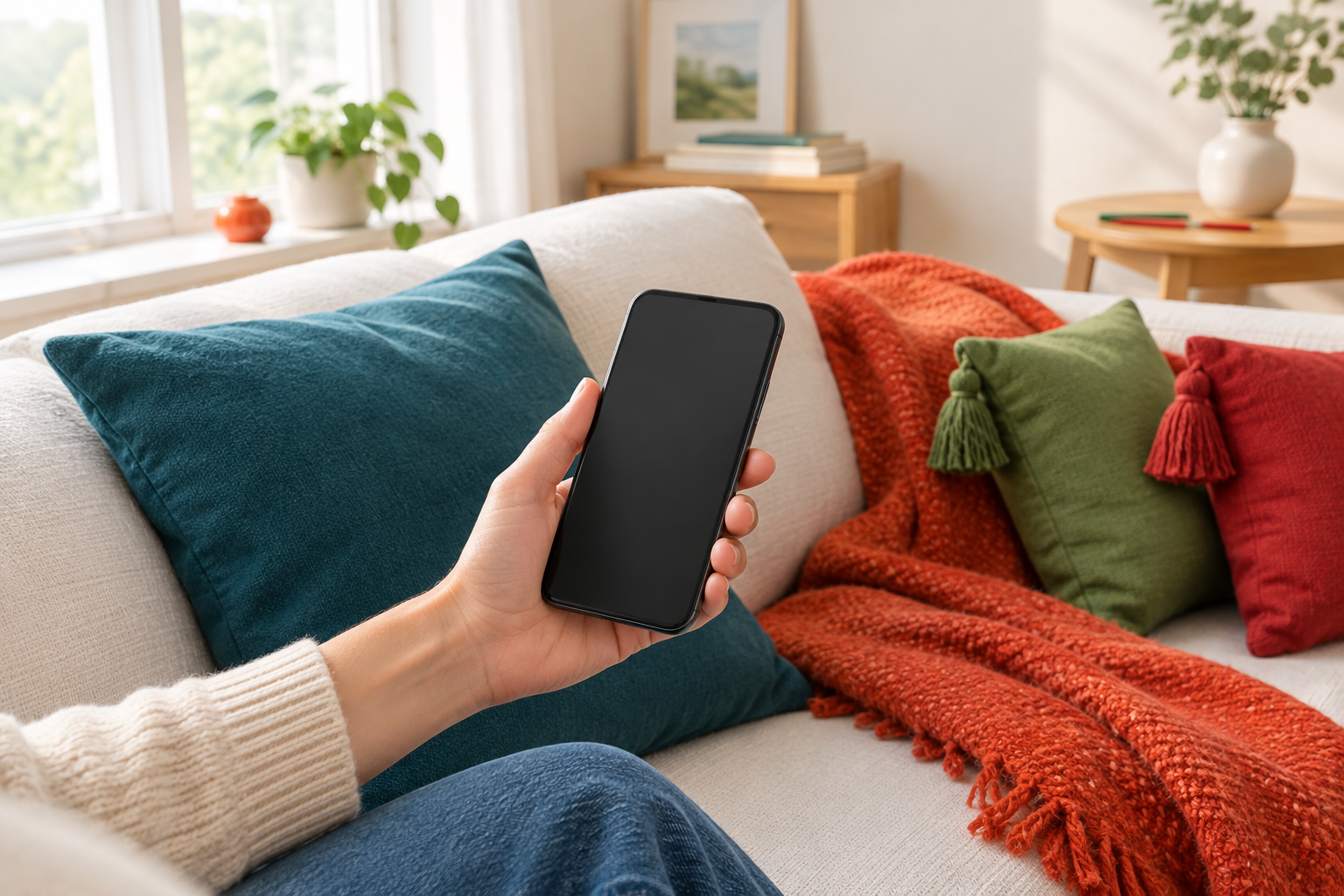 A hand holds a phone with a blank screen on a sofa with teal, green and red cushions, for a guide to signing up for OG.