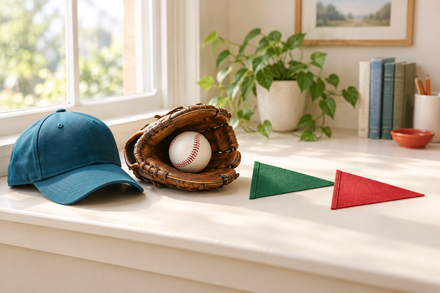 A baseball and a leather glove on a sunny windowsill, for a guide to trading World Series markets.